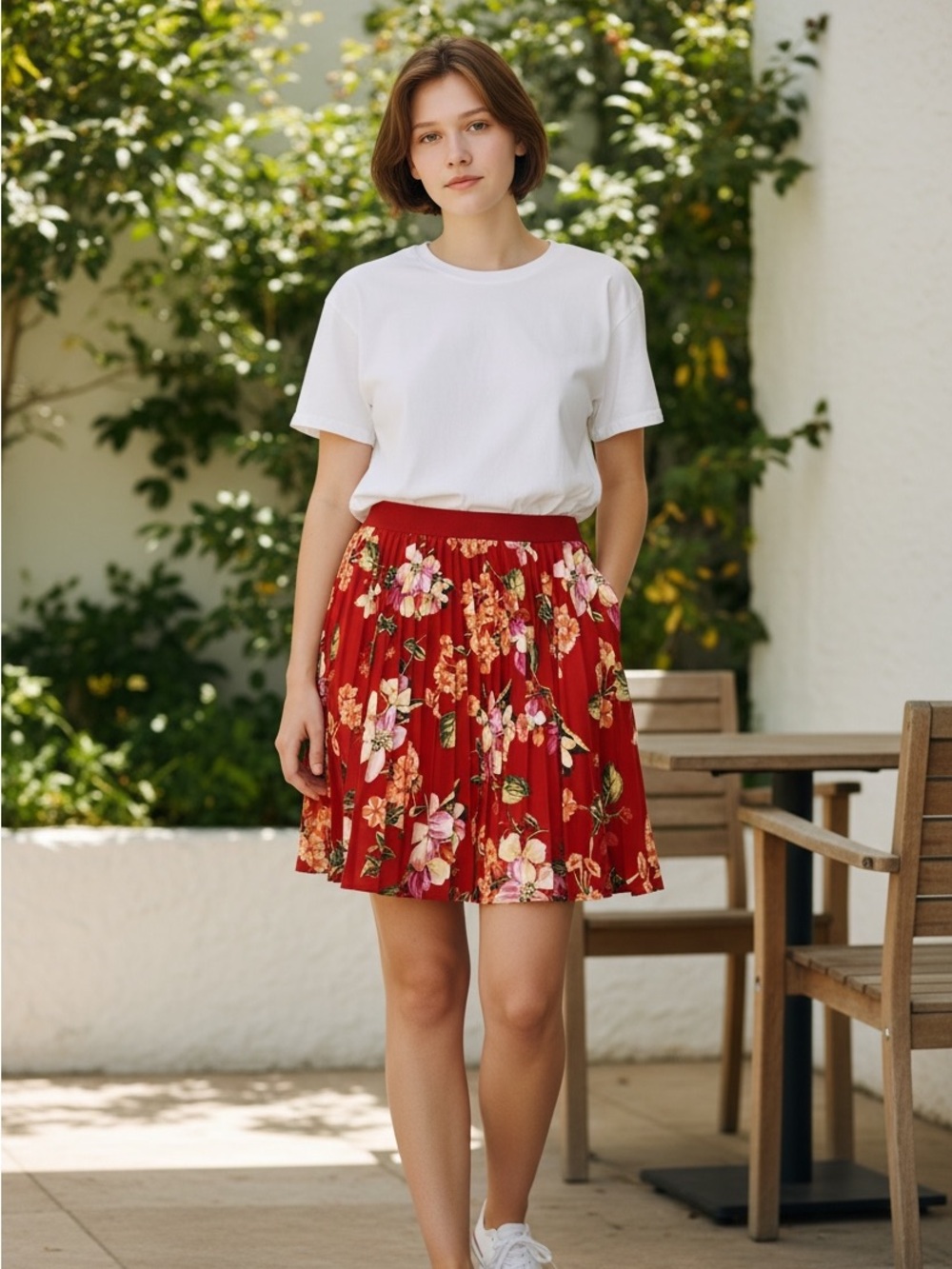 Express Red Floral Pleated Knee Length Skirt